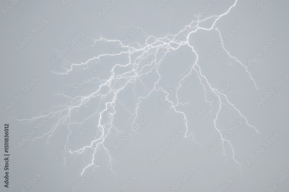 Bright lightning arcs through a cloud-filled gray sky, showcasing the intensity of a storm. This natural display illuminates the atmosphere while rain begins to fall in the distance.
