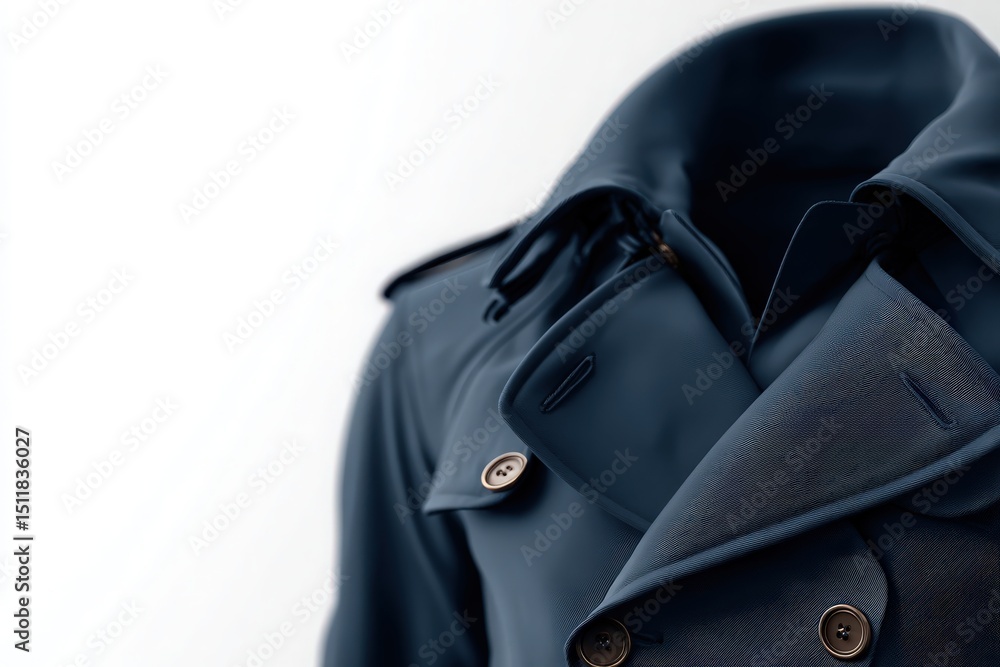 A fashionable blue trench coat is displayed on a simple, elegant background. The coat features a classic design with lapels and buttons. The focus is on its sophisticated silhouette.