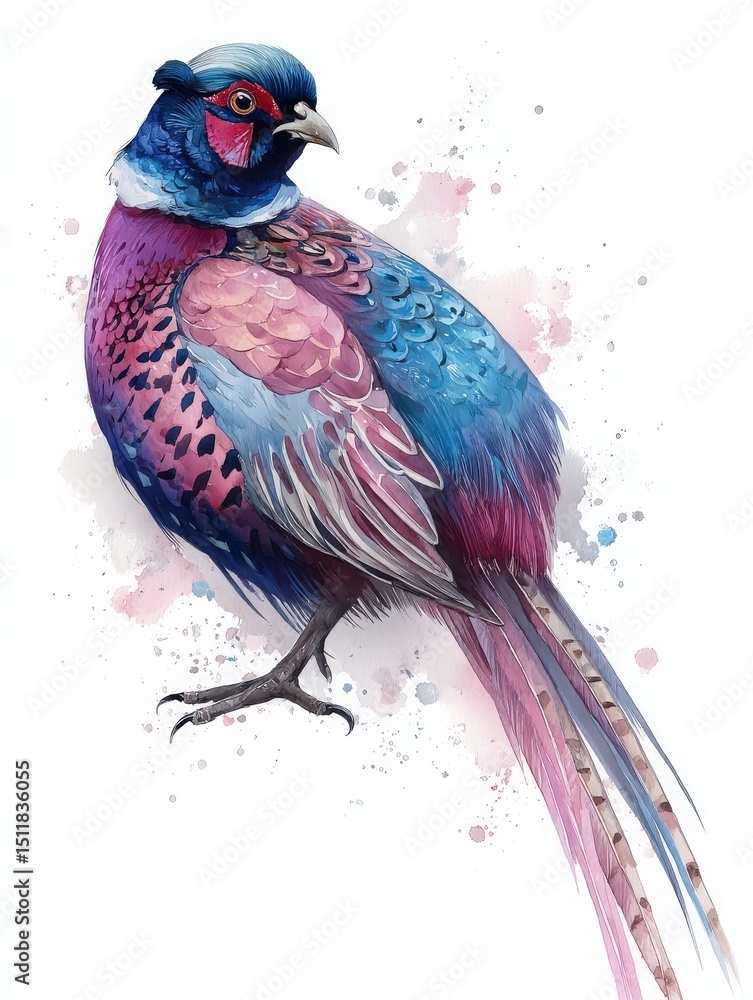 A vibrant bird stands out with its striking blue, pink, and purple feathers.