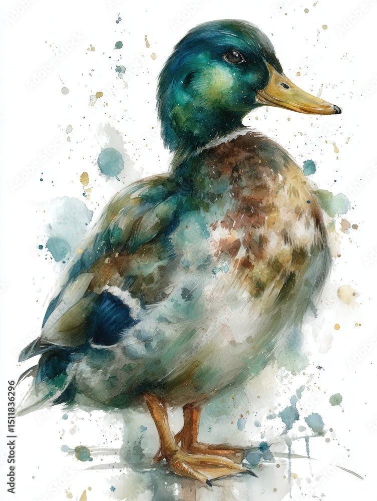 A detailed and vibrant portrayal of a duck features rich colors and lively brush strokes. The duck stands confidently amidst a playful backdrop of blue and green splashes, showcasing artistic talent.