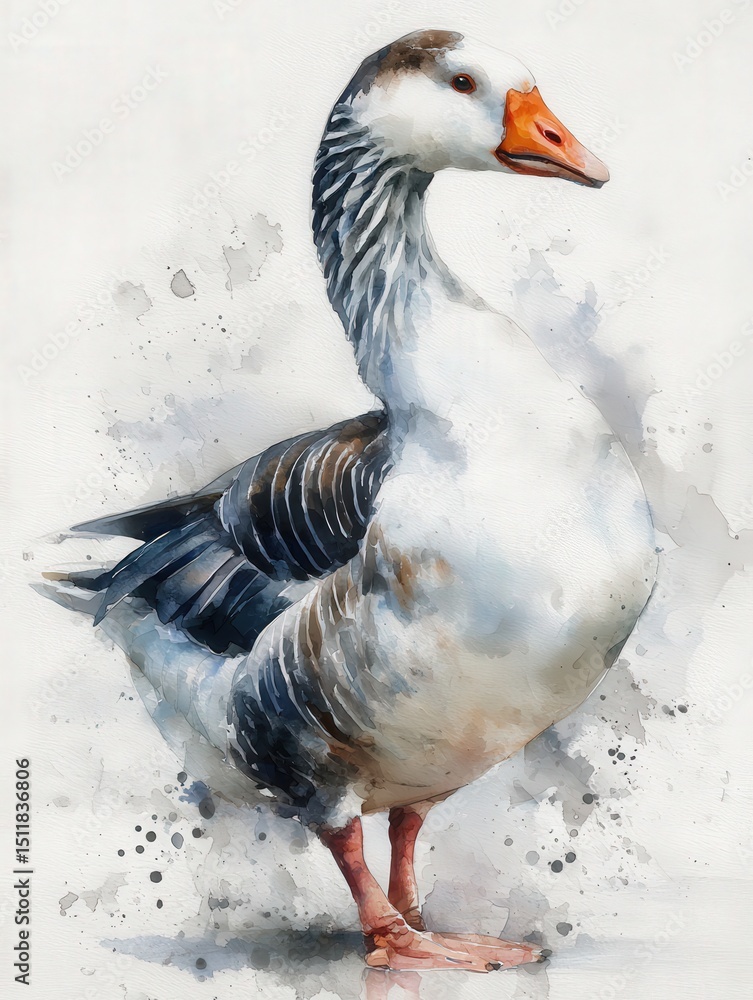 A beautifully detailed goose stands upright, showcasing its vivid orange beak and webbed feet. The artwork features soft watercolor splashes in the background, adding depth and charm.