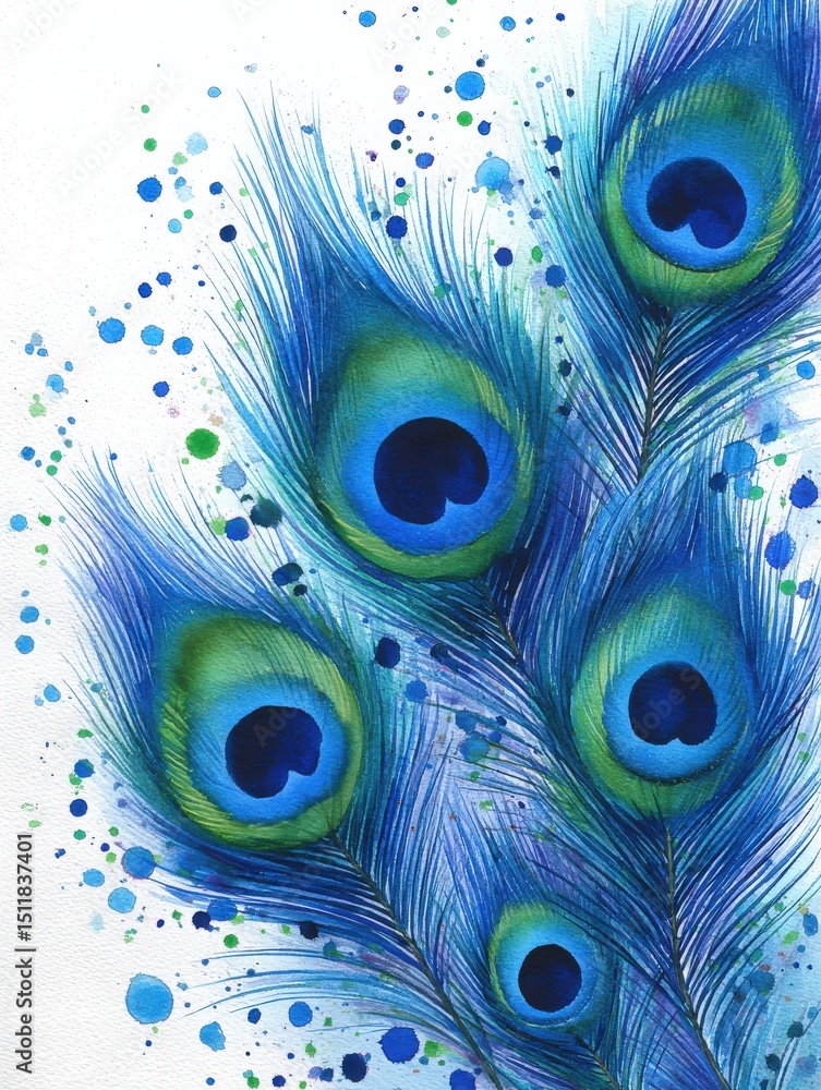A stunning depiction of peacock feathers rendered in watercolor. The artwork showcases vibrant blue and green hues with detailed dark centers, enhanced by splashes of paint in various shades.
