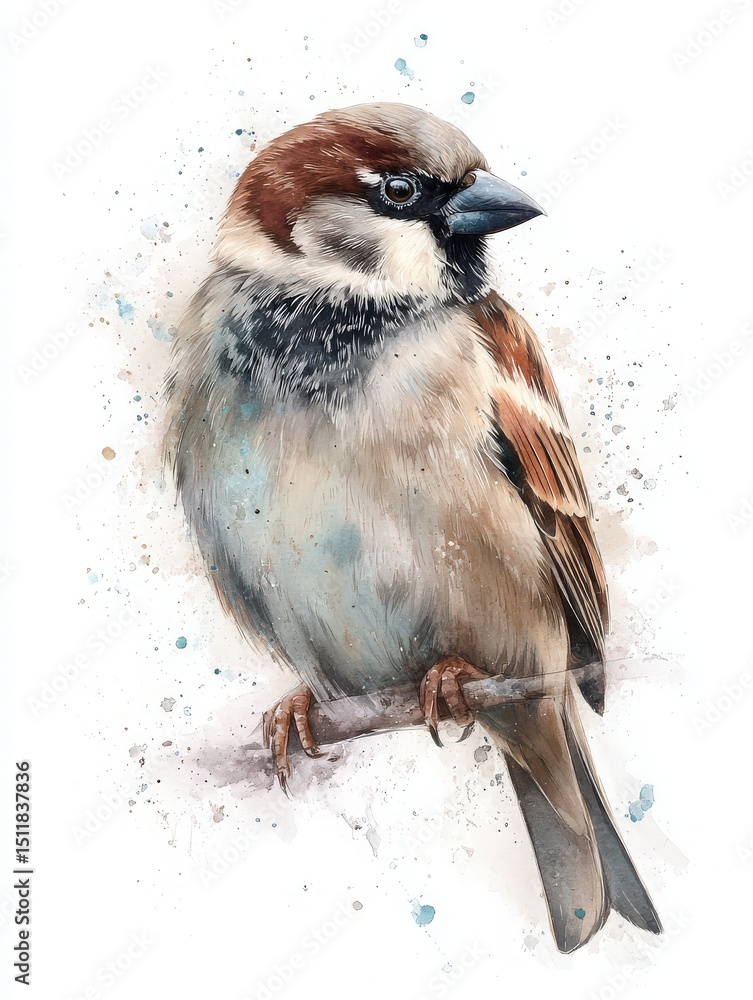 A beautifully illustrated sparrow sits on a branch with intricate feather details. The background features soft splashes of color, enhancing the birds vibrant appearance.