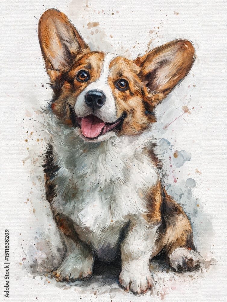 A corgi sits happily, tongue out and tail wagging. Its bright eyes and playful demeanor convey joy. The background features soft colors that enhance its adorable presence.