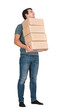 © 1STunningART - Full length portrait of contented young man carrying carton boxes looks away imagining moving to a house in a big modern city, isolated on transparent background