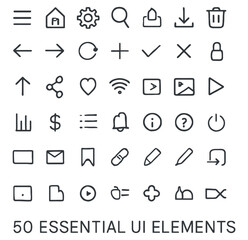 50 Essential UI Icons – Minimal Black and White Line Art Vector for App and Web Interface