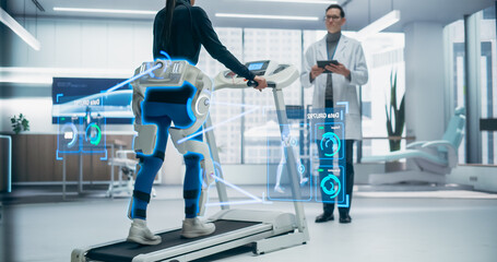Woman Wearing Exoskeleton Uses a Treadmill for Physical Therapy, Monitored by Doctor. Advanced Neuralink Technology, Holographic Data Interface Shows Futuristic Healthcare and Rehabilitation Progress