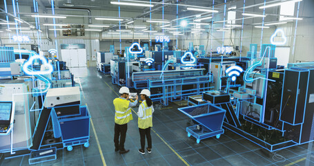 Leinwandbilder - Factory Digitalization: Two Industrial Engineers Use Tablet Computer, Big Data Statistics Visualization, Optimization of High-Tech Electronics Facility. Industry Four Machinery Manufacturing Products