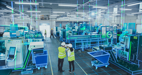 Leinwandbilder - Two Engineers in Safety Vests Use a Tablet to Interact With Holographic Data in a High-tech Factory, Activate AI Facility Analysis, Advanced Machinery, Digital Interfaces, Futuristic Manufacturing