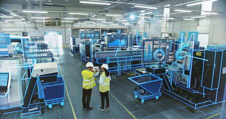 Leinwandbilder - Two Engineers in Safety Vests Use a Tablet to Interact With Holographic Data in a High-tech Factory, Activate AI Facility Analysis, Advanced Machinery, Digital Interfaces, Futuristic Manufacturing