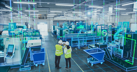 Aufkleber - Factory Digitalization: Two Industrial Engineers Use Tablet Computer, Big Data Statistics Visualization, Optimization of High-Tech Electronics Facility. Industry Four Machinery Manufacturing Products