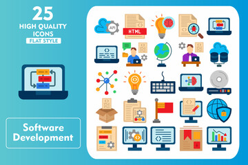 software development flat icon set. incleded icons api, lightbulb, content, web security, priority, 