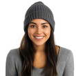© Nemanja - Stylish young woman in white knit beanie, casual winter style, happy smiling portrait of trendy hipster girl for cold autumn and winter, soft wool or cotton hat, warm season accessory, isolated