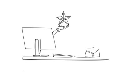 Wall Mural - animated self drawing of one line drawing hand of robot out of monitor screen while holding gold sta