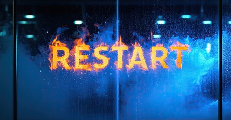 Aufkleber - Fiery restart text visible through wet glass. Blue, orange hues dominate composition. Dramatic lighting creates intense visual impact.