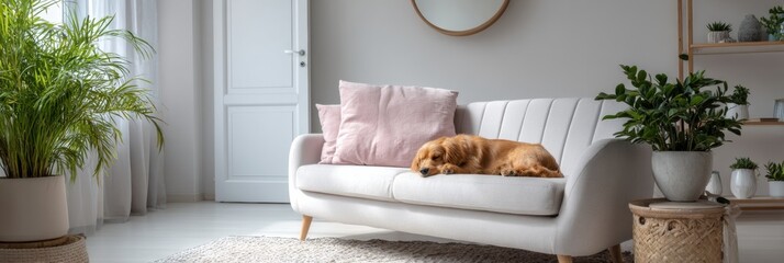 Aufkleber - Comfortable Living Room With Pet Resting on Couch in Relaxing Bright Tones Surrounded by Plants