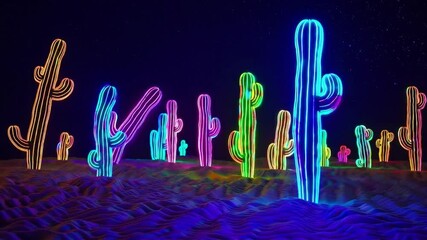 Poster - Neon cactus glow desert night, vibrant colorful light art, surreal landscape, joyful mood, creating vibrant dreamy scene with