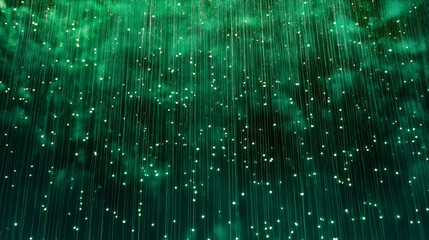 abstract green matrix background, glowing digital rain, futuristic flowing lines and dots, virtual c