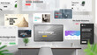 © Stanisic Vladimir - Creative workspace with desktop screen and numerous web pages flying around in dynamic motion. Some pages are blurred in the foreground to illustrate speed and volume. Concept for fast-paced website p