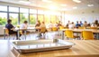 © crazyass - Plastic cafeteria tray on table school lunchroom background educational setting blurred environment conceptual focus