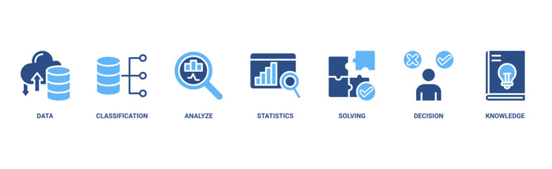 Data science banner web icon vector illustration concept with icon of data, classification, analyze, statistics, solving, decision and knowledge 