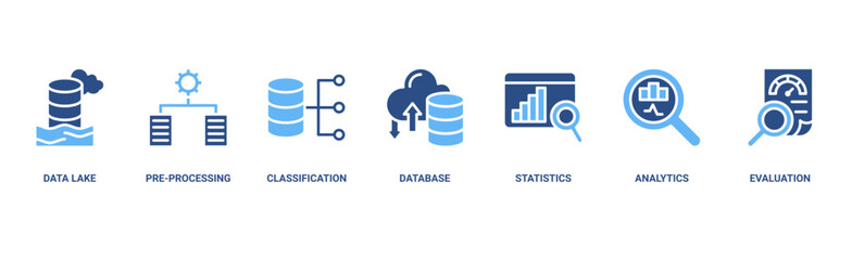 Data engineering banner web icon vector illustration concept with icon of data lake, pre-processing, classification, database, statistics, analytics and evaluation 