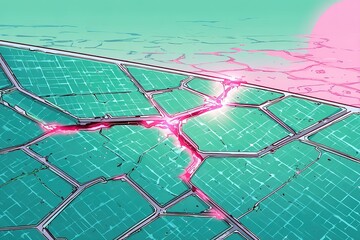 Wall Mural - digital landscape featuring fractured turquoise terrain under a glowing pink sky during twilight