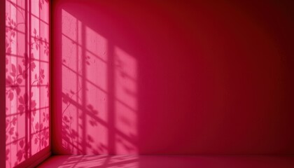 Wall Mural - Vibrant Pink Room with Intricate Shadows and Light Patterns from a Window Interior