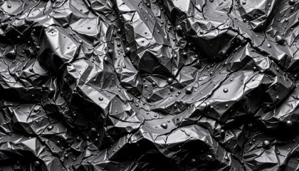 Wall Mural - crumpled black surface with shiny texture and water drops for abstract background