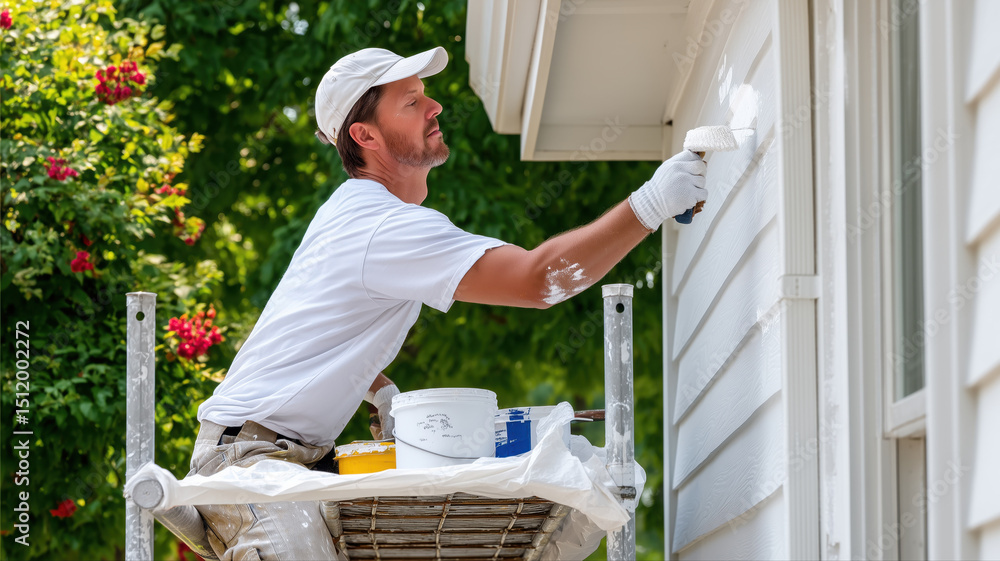 Professional painter painting house exterior wall using paint roller ...