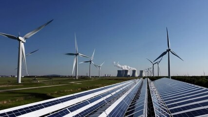Aufkleber - Wind turbine solar panel power plant blue sky sustainable energy landscape clean modern renewable energy landscape with wind