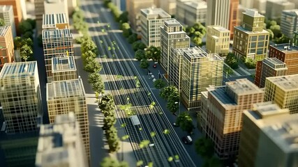 Aerial view of a modern urban cityscape with bustling streets and green parks in the background
