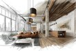 © ArtmediaworX - Luxury loft interior sketch drawing design with stylish but industrial and rough look. Generative Ai