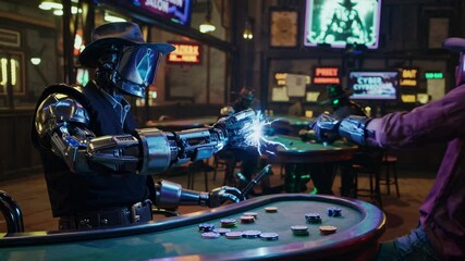 Cyberpunk robot cowboys engaging in high-stakes poker games while surrounded by neon lights in a futuristic saloon, capturing the essence of a wild west sci-fi atmosphere