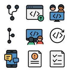 code collaboration icons. flat icon set of code collaboration tools: git merge icon, code pull reque
