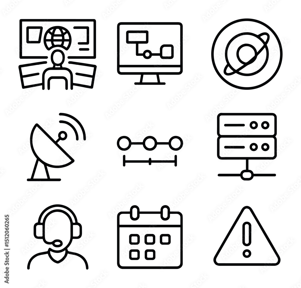 Mission Control Icons. Outline icon set of ground control and mission ...