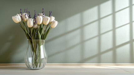 Poster - Cream colored tulips lavender glass vase sunlight shadow wooden table minimalist calm