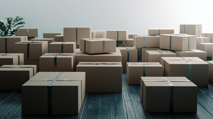 Aufkleber - Many cardboard box for delivery on dark wooden floor, shipping and logistics concept, clean and organized scene