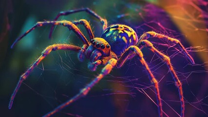 A colorful spider is sitting on a web. The spider is multicolored and has a unique pattern. The web is also colorful and has a vibrant appearance