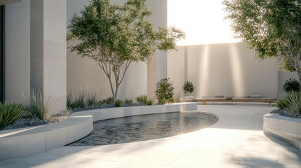 Poster - Modern courtyard with curved water feature, sunlight, green trees, and minimalist stone seating, creating tranquil mood