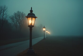 Aufkleber - Glowing Lantern in a Misty Landscape Vintage Light Post Illuminating Foggy Night Scene