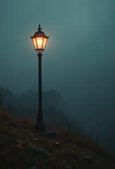 Aufkleber - Glowing Lantern in a Misty Landscape Vintage Light Post Illuminating Foggy Night Scene