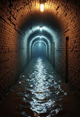 Poster - Flooded Tunnel with Brick Walls and Light at the End Ideal for Mystery Adventure
