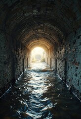 Poster - Flooded Tunnel with Brick Walls and Light at the End Ideal for Mystery Adventure