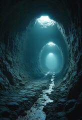 Poster - Mysterious Tunnel with Glowing Light at the End Dark Passage Atmospheric Scene Fantasy Adventure