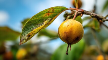 Fototapete - Close up of a ripe crabapple fruit hanging from a branch with a leaf and blurred background of the sky and other trees.