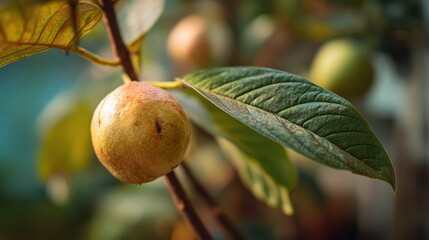 Fototapete - Close-up view of a ripening guava fruit and leaves on a branch with natural and blurred backgrounds in the daytime