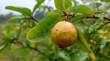 Fototapete - A close up image of ripe guava fruit hanging from a branch displaying fresh green leaves in a natural garden setting