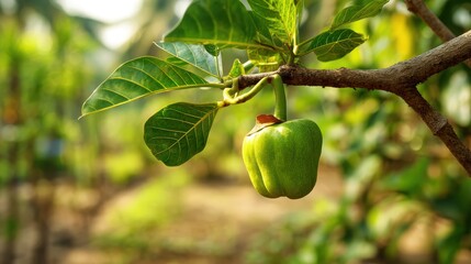 Fototapete - Green unripe breadfruit hanging from a branch in a tropical garden setting shows a natural and vivid botanical perspective.