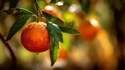 Fototapete - Close up view of a ripe tangerine hanging on a branch with green leaves and water droplet against a blurred background of sunlight.
